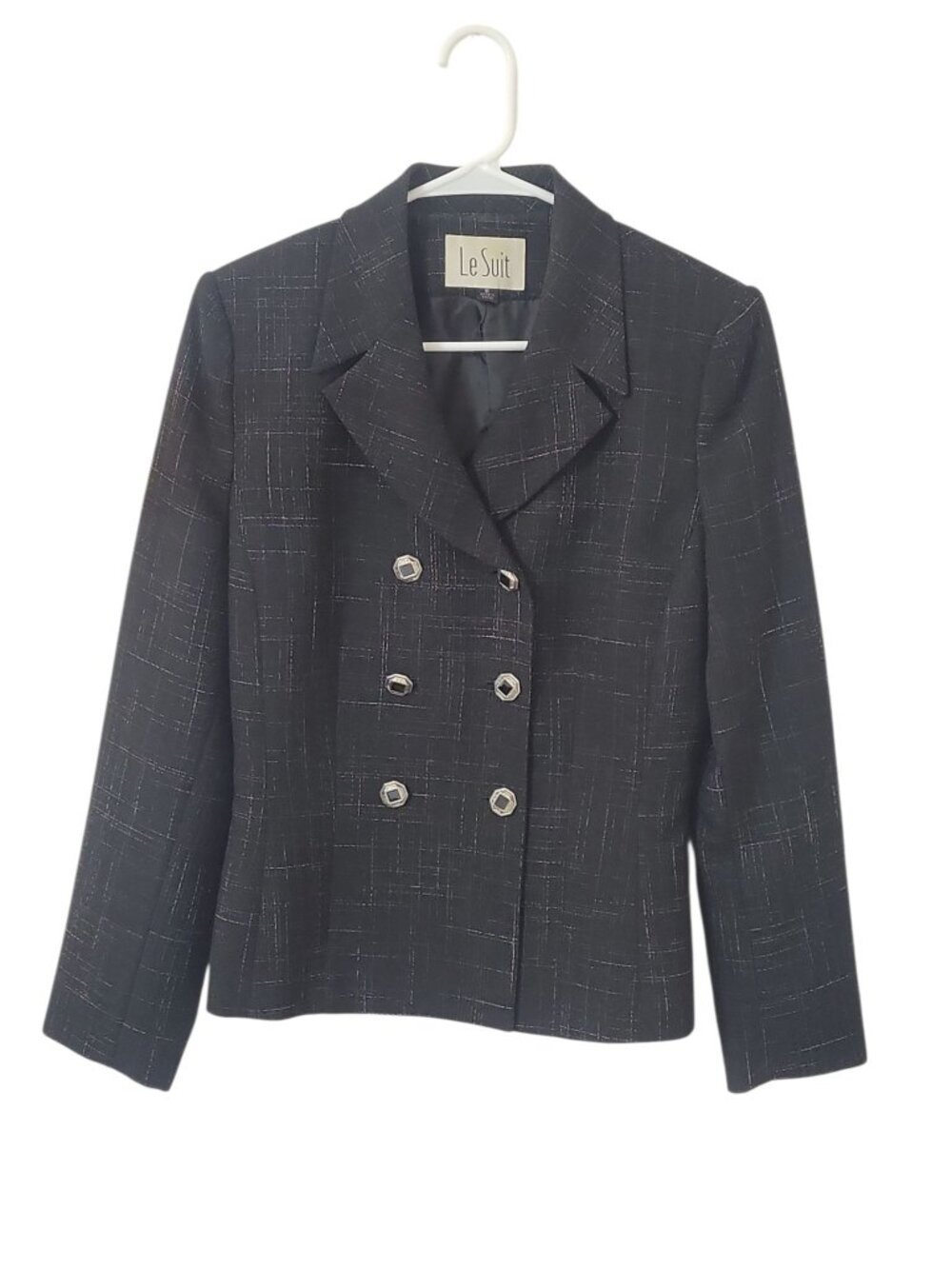 Le Suit Jacket Womens 8 Double Breasted Black Crosshatch Blazer Lined Office